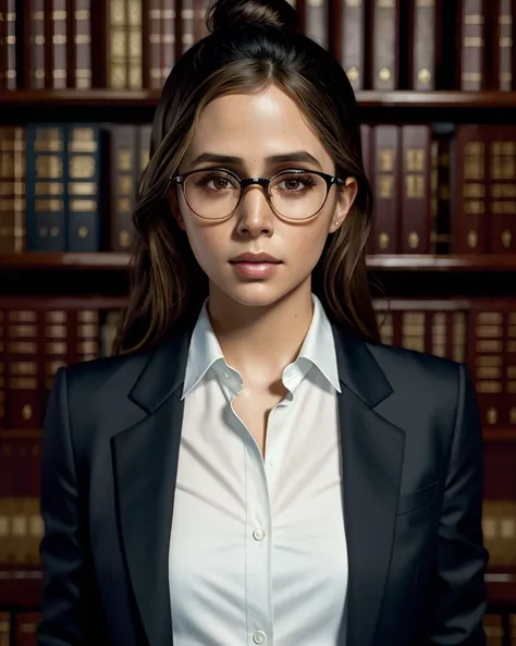 ChzElizaD2, close-up, photo of 1girl as a strict librarian, glasses, slender figure, wearing edgdlf, chic black jacket, whisper-thin white silk shirt, (stern expression), hair in a sensible bun, library background, artistic composition, perfect shading, (detailed skin, perfect eyes), (photorealistic), (hyperdetailed:1.3), (masterpiece, best quality:1.5), edgdlf,