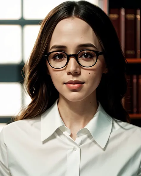 ChzElizaDushku, close-up, photo of 1girl as a strict librarian, glasses, slender figure, wearing edgdlf, chic black jacket, whisper-thin white silk shirt, (stern expression), hair in a sensible bun, library background, artistic composition, perfect shading, (detailed skin, perfect eyes), (photorealistic), (hyperdetailed:1.3), (masterpiece, best quality:1.5), edgdlf,