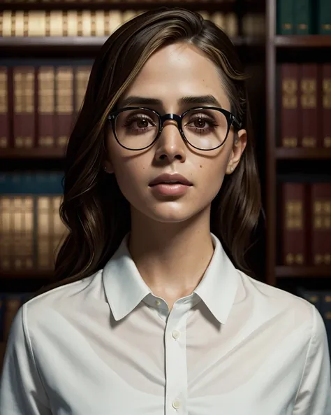 ChzElizaD2, close-up, photo of 1girl as a strict librarian, glasses, slender figure, wearing edgdlf, chic black jacket, whisper-thin white silk shirt, (stern expression), hair in a sensible bun, library background, artistic composition, perfect shading, (detailed skin, perfect eyes), (photorealistic), (hyperdetailed:1.3), (masterpiece, best quality:1.5), edgdlf,