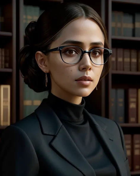 ChzElizaD2, close-up, photo of 1girl as a strict librarian, glasses, slender figure, wearing edgdlf, chic black jacket, whisper-thin white silk shirt, (stern expression), hair in a sensible bun, library background, artistic composition, perfect shading, (detailed skin, perfect eyes), (photorealistic), (hyperdetailed:1.3), (masterpiece, best quality:1.5), edgdlf,