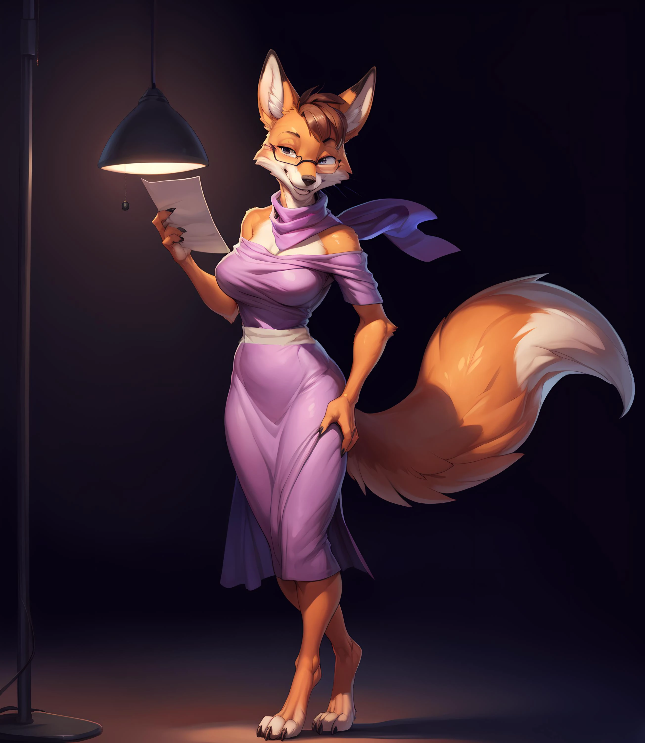 (white silk waist scarf), (white cloth around the waist), (female, feminine, solo, snout, muzzle, fox, vixen, eye liner, makeup, happy), 5fingers, good hands, (small brown hair patch on head), (almond eyes), SDFoxie, (fluffy detailed orange fur, eyewear, whiskers,(small glasses),(half-glasses:1.4), (rectangle glasses:1.2), (reading glasses), secretary, office worker, fluffy tail),furry, anthro, female:1.4, lean, tall, thin,(purple dress), adult, (MILF), (mature woman), (feminine),(eyelashes),(confident), (full-length portrait), (digitigrade, paws, claws), (wearing a purple silk scarf),detailed eyes, detailed fur, (arms corssed, holding a sheet of paper in one hand),(standing in dark blue void, under a standing lamp), (standing lamp:1.4) ,(dark background), (looking at the viewer, smile, smiling), (Best Quality:1.4), crisp, clean, detailed eyes, <lora:Foxie-v2:0.8> <lora:add_detail:0.25> <lora:more_details:0.25> <lora:fluffyrock-quality-tags-v2.1.1-vpred:0.4> simple background, digital art, digital drawing, perfect lighting, (by darkgem),(by thebigslick), (by syuro),{1-4$$by Faustsketcher|by Jessie Willcox Smith|by Albert Marquet|by Cyril Rolando|by TheSecretCave|by Patto}
