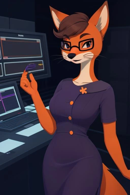 SDFoxie, (fluffy detailed orange fur, black rectangular eyewear, black eyes, short hair, brown hair, whiskers), (purple dress) (control room, screen, buttons, lights), (Best Quality:1.4), crisp, clean detailed eyes, beautiful face, <lora:GoodHands-beta2:1>, <lora:Foxie-20:0.7>