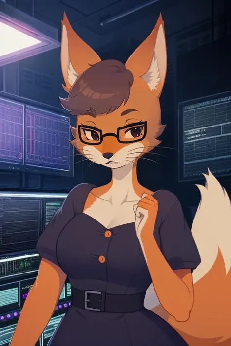 SDFoxie, (fluffy detailed orange fur, black rectangular eyewear, black eyes, short hair, brown hair, whiskers), (purple dress) (control room, screen, buttons, lights), (Best Quality:1.4), crisp, clean, detailed eyes, beautiful face, <lora:GoodHands-beta2:1>, <lora:Foxie-v2:0.75>