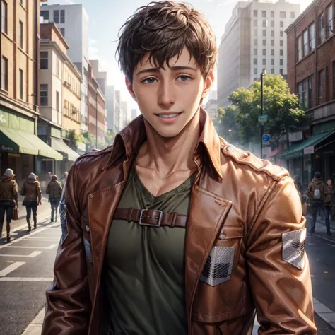 bertolt, smiling, outside, brown jacket, blue shirt  <lora:bertolt-08:0.75>  <lora:add_detail:0.9>