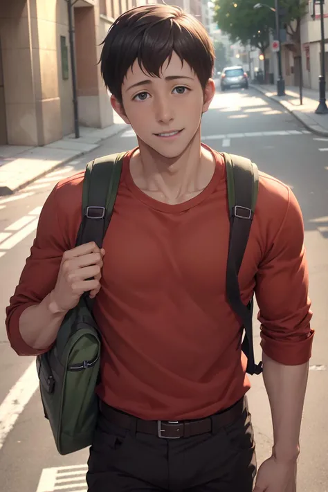 bertolt, young, boy, 10 years old, backpack, red shirt, trousers, smile, street <lora:bertolt-08:0.8>