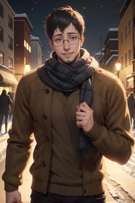 bertolt, adult, smiling, pullover, winter, beard, sweater, scarf, glasses <lora:bertolt-08:0.75>