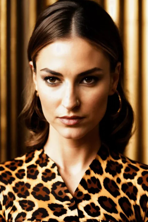 photoshoot of drm, (brown hair), detailed skin texture, (blush:0.2), (goosebumps:0.3), (leopard print dress), subsurface scattering, Photorealistic, Hyperrealistic, Hyperdetailed, analog style, hip cocked, demure, detailed skin, matte skin, soft lighting, subsurface scattering, realistic, heavy shadow, masterpiece, best quality, ultra realistic, 8k, golden ratio, Intricate, High Detail, film photography, soft focus, <lyco:DreaMatteo-RealVision-V1.0:1.0>