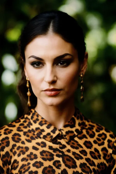 photoshoot of drm, (brown hair), detailed skin texture, (blush:0.2), (goosebumps:0.3), (leopard print dress), subsurface scattering, Photorealistic, Hyperrealistic, Hyperdetailed, analog style, hip cocked, demure, detailed skin, matte skin, soft lighting, subsurface scattering, realistic, heavy shadow, masterpiece, best quality, ultra realistic, 8k, golden ratio, Intricate, High Detail, film photography, soft focus, <lyco:DreaMatteo-RealVision-V1.0:1.0>