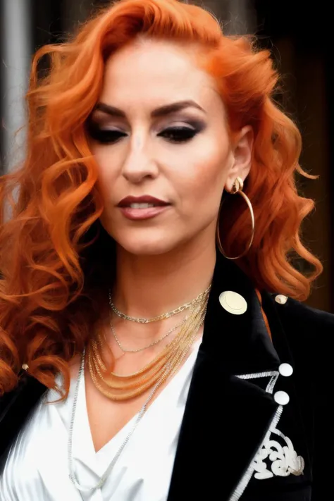 photo of drm with (amber orange hair), wearing gold chain necklace and silver velvet shirt, black jacket on, <lyco:DreaMatteo-RealVision-V1.0:1.0>