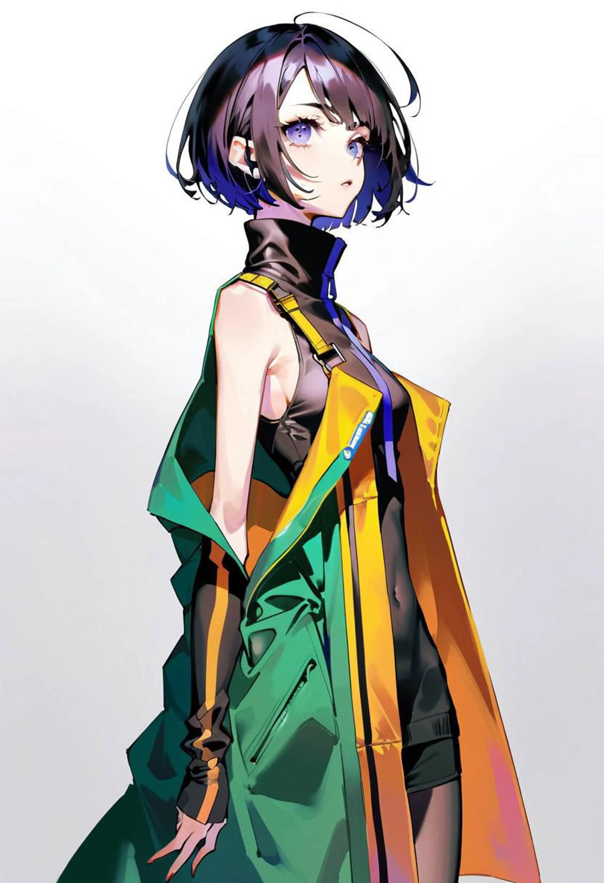 by Harumi Hironaka, Benedick Bana
1girl
sleeveless turtleneck tight
pixie cut, long coat,
torn_clothes,
shadows,