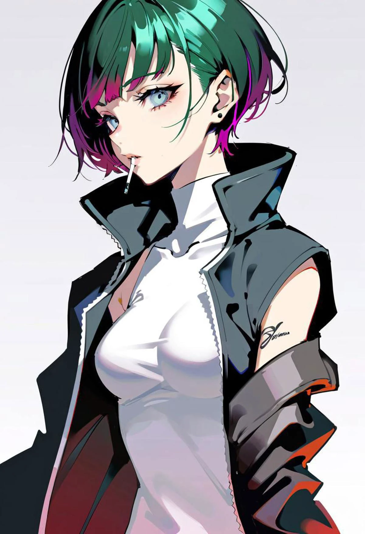 by Harumi Hironaka, Benedick Bana
1girl ,dance, detailed face
sleeveless turtleneck tight
pixie cut, long coat,
torn_clothes,
shadows,
