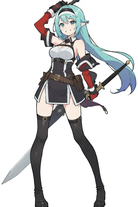 msw, best quality, 1girl, solo, thighhighs, long hair, weapon, gloves, sword, smile, blue hair, hairband, green eyes, white background, ahoge, full body, boots, belt, looking at viewer, armor, simple background, armpits, dress, black footwear, breasts, closed mouth, purple hair, standing, arm up, sleeveless, bangs, detached sleeves, medium breasts, bare shoulders, aqua eyes, sleeveless dress