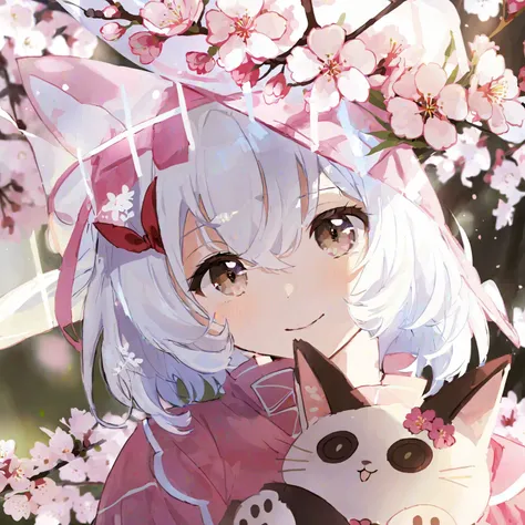 illustrious,1girl, animal ears, bangs, branch, brown eyes, cherry blossoms, closed mouth, eyebrows visible through hair, flower, hat, hat flower, looking at viewer, pink flower, short hair, smile, solo, white flower