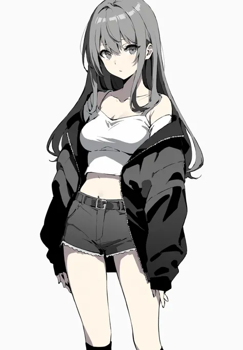 msw, best quality, 1girl, solo, chromatic aberration, monochrome, long hair, greyscale, jacket, skirt, shirt, looking at viewer, long sleeves, off shoulder, standing, sleeves past wrists, hair between eyes, spot color, bangs, simple background, breasts, open clothes, character name, open jacket, collarbone, short sleeves, hair ornament, high heels, cowboy shot, closed mouth, white background, shadow, grey background, miniskirt, artist name, copyright name, casual, shorts, full body, parted lips, hand up