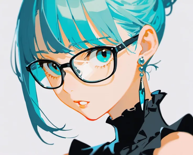 ciloranko,tianliang duohe fangdongye,1girl, jewelry, earrings, close-up, glasses, simple background, portrait, parted lips, long hair, twintails, hair between eyes, looking at viewer, bangs, white background, frills, eyelashes, bare shoulders, grey background, aqua hair, turtleneck, upper body, shirt, blue hair, sleeveless, blurry, aqua eyes, expressionless, blue eyes, open mouth, collarbone, sidelocks, depth of field, alternate costume, short hair, closed mouth, black shirt