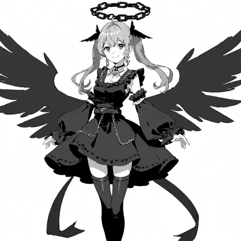 msw, best quality, illustrious,1girl, monochrome, greyscale, solo, halo, long hair, chain, boots, standing, wings, simple background, full body, belt, white background, sleeves past wrists, closed mouth, twintails, ponytail, dress, very long hair, long sleeves, bangs, choker, frills, looking at viewer, parted lips, smile, collar, skirt, earrings, jewelry, looking to the side, black dress