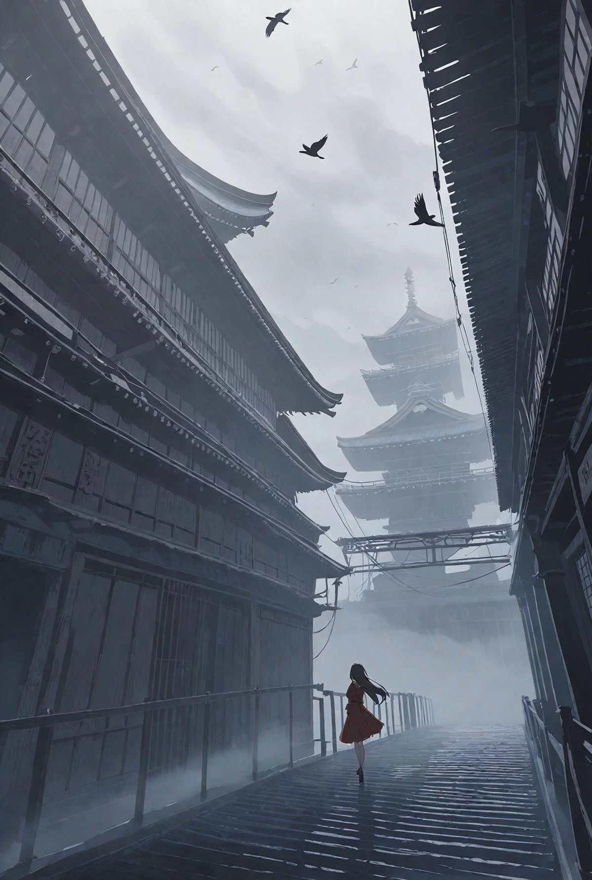 20th century japanese animation,sunlight piercing through dark clouds,(beautiful and bright eyes:1.2),a beautiful and seductive female demon,(leotard_sweater:1.1),(cleavage:1.3),in high-heeled shoes,kind_smile,big breasts,1girl,(beauty face:1.1),cowboy_shot, Detailed art,looking out the window,moebius,tsutomu nihei. Powerful pose,birds are flying around,industrial architecture,walkways,rust,fog,foggy,ancient superstructures,kyoto animation,exquisite and high standard game artwork,ghibli,
