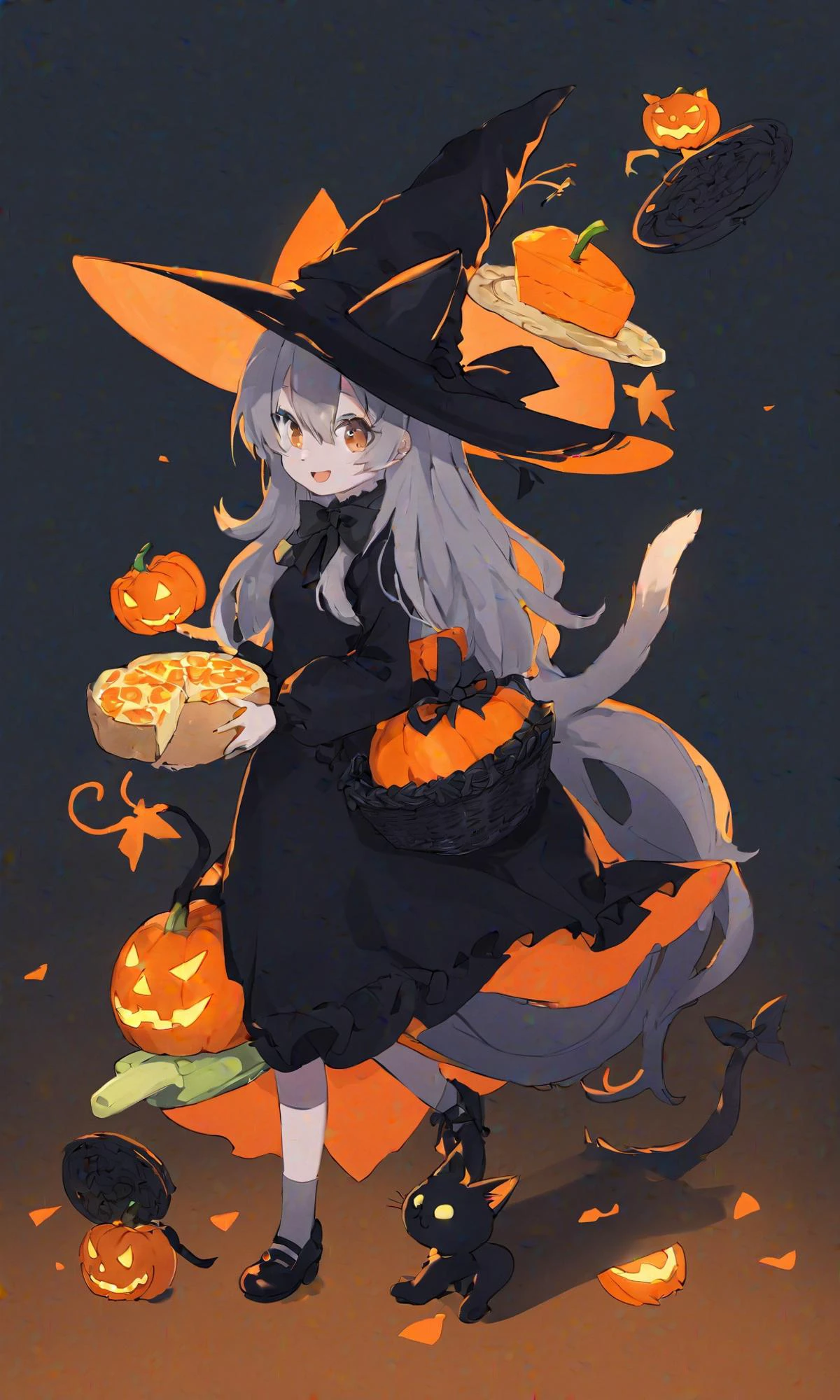 illustrious,1girl, solo, smile, cat girl, witch, witch hat, hat bow, long hair, cat ears, ears through headwear, hair over one eye, black dress, long sleeves, tail ornament, tail bow, cat tail, bow, orange bow, basket, holding basket, bread, candy, carrot, cheese, cookie, halloween, jack-o'-lantern, orange \(fruit\), orange flower, pancake, pumpkin, sandwich, vegetable, grey background