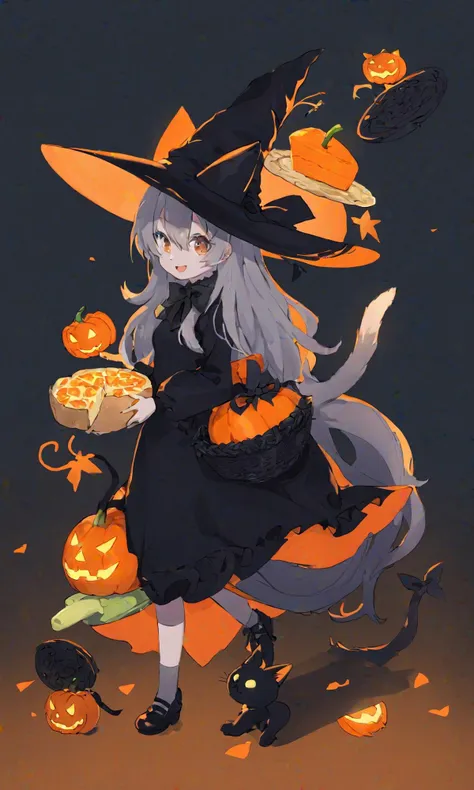 illustrious,1girl, solo, smile, cat girl, witch, witch hat, hat bow, long hair, cat ears, ears through headwear, hair over one eye, black dress, long sleeves, tail ornament, tail bow, cat tail, bow, orange bow, basket, holding basket, bread, candy, carrot, cheese, cookie, halloween, jack-o'-lantern, orange \(fruit\), orange flower, pancake, pumpkin, sandwich, vegetable, grey background