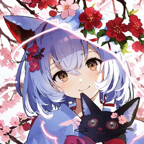 illustrious,1girl, animal ears, bangs, branch, brown eyes, cherry blossoms, closed mouth, eyebrows visible through hair, flower, hat, hat flower, looking at viewer, pink flower, short hair, smile, solo, white flower