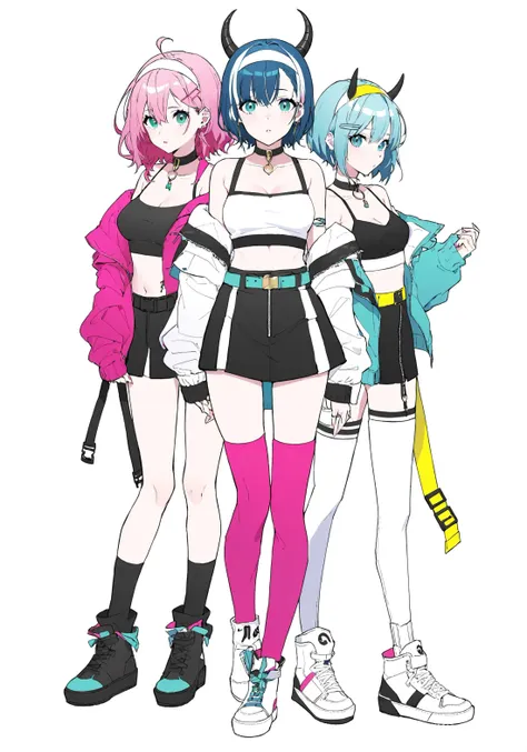 msw, best quality, 2girls, multiple girls, hat, pink hair, long hair, blue eyes, horns, short hair, blue hair, jacket, shoes, sneakers, skirt, pants, looking at viewer, hair over one eye, midriff, holding, alternate costume, standing, thighhighs, off shoulder, choker, black skirt, full body, white footwear, white background, crop top, hairband, navel, hair ornament, parted lips, makeup, bare shoulders, green eyes, belt, simple background, breasts, bangs, multicolored hair, hairclip, pleated skirt, casual, zipper, long sleeves, monochrome, white jacket, hair between eyes, aqua eyes