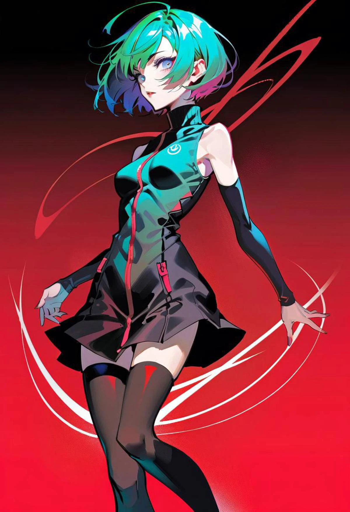 by Harumi Hironaka, Benedick Bana
1girl ,dance, detailed face
sleeveless turtleneck tight
pixie cut, long coat,
torn_clothes,
shadows,