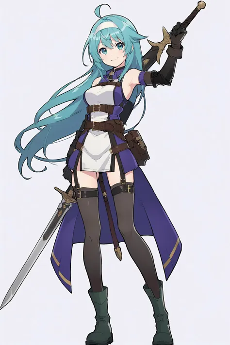 msw, best quality, 1girl, solo, thighhighs, long hair, weapon, gloves, sword, smile, blue hair, hairband, green eyes, white background, ahoge, full body, boots, belt, looking at viewer, armor, simple background, armpits, dress, black footwear, breasts, closed mouth, purple hair, standing, arm up, sleeveless, bangs, detached sleeves, medium breasts, bare shoulders, aqua eyes, sleeveless dress