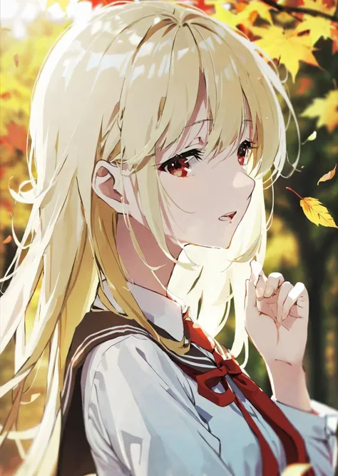 msw, best quality, 1girl, solo, leaf, long hair, necktie, shirt, long sleeves, school uniform, open mouth, brown eyes, blurry, upper body, white shirt, serafuku, parted lips, outdoors, blonde hair, bangs, day, wind, floating hair, hand up, neckerchief, sky, red eyes, blurry background, depth of field, from side, eyelashes, chromatic aberration, white hair, teeth, looking away, collared shirt, hair between eyes, looking to the side, close-up, tears, brown hair