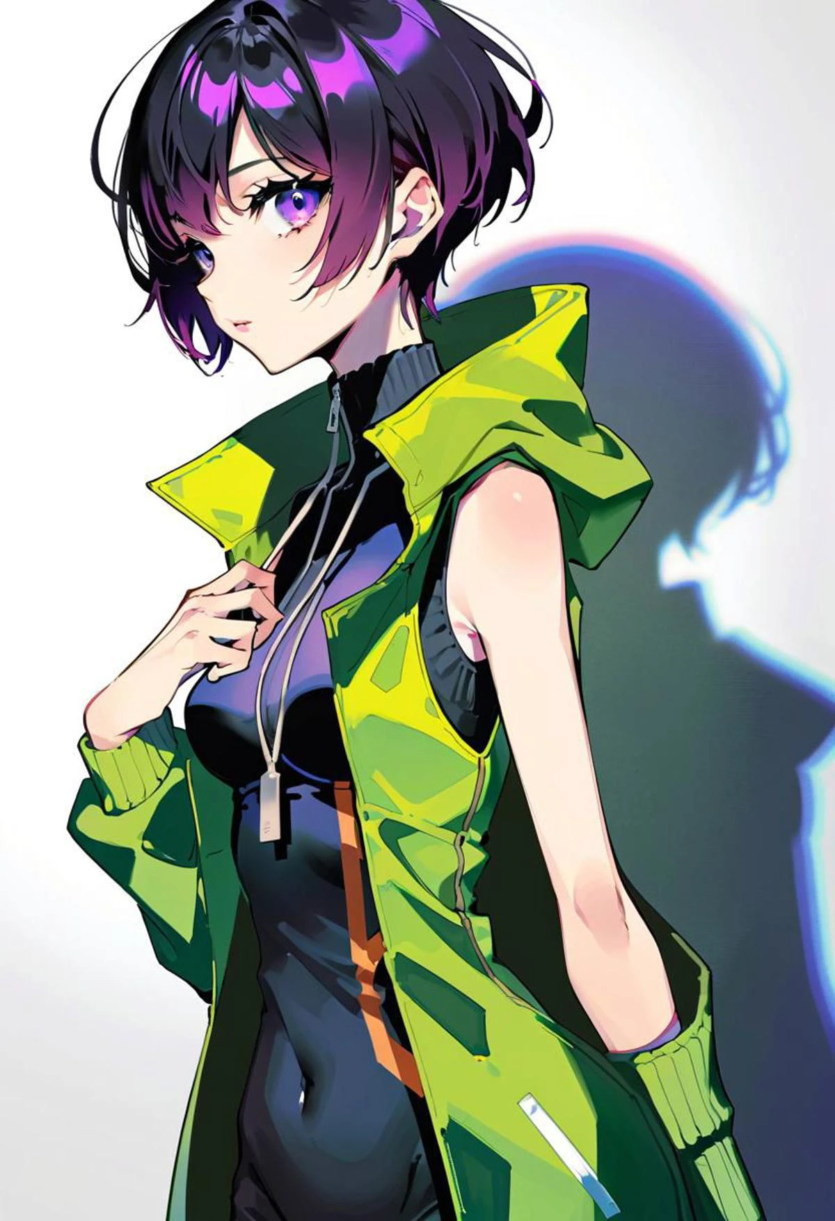 by Harumi Hironaka, Benedick Bana
1girl
sleeveless turtleneck tight
pixie cut, long coat,
torn_clothes,
shadows,