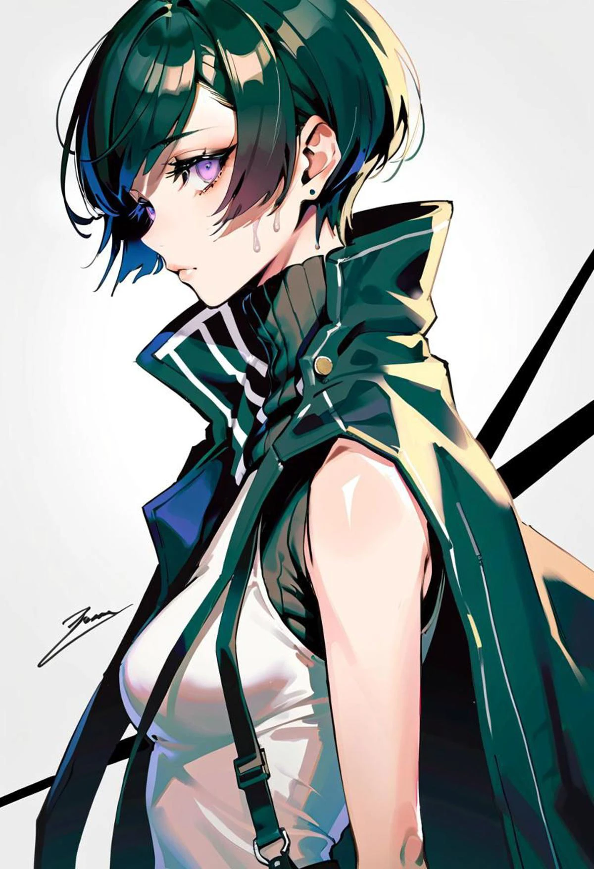 by Harumi Hironaka, Benedick Bana
1girl
sleeveless turtleneck tight
pixie cut, long coat,
torn_clothes,
shadows,