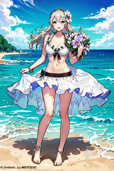 masterpiece, top quality, best quality, official art, beautiful and aesthetic,
1girl, corrin (fire emblem) (female), corrin (fire emblem), swimsuit, solo, bikini, full body, breasts, official alternate costume, bikini skirt, flower, hair ornament, navel, open mouth, looking at viewer, jewelry, cleavage, hair flower, book, holding, smile, collarbone, flower necklace, medium breasts, bracelet, holding book, anklet, bangs, white bikini, ribbon, hair between eyes, standing, front-tie top, blush,sea,beach,
extreme detailed,highest detailed, optical mixing, playful patterns, lively texture, unique visual effect,