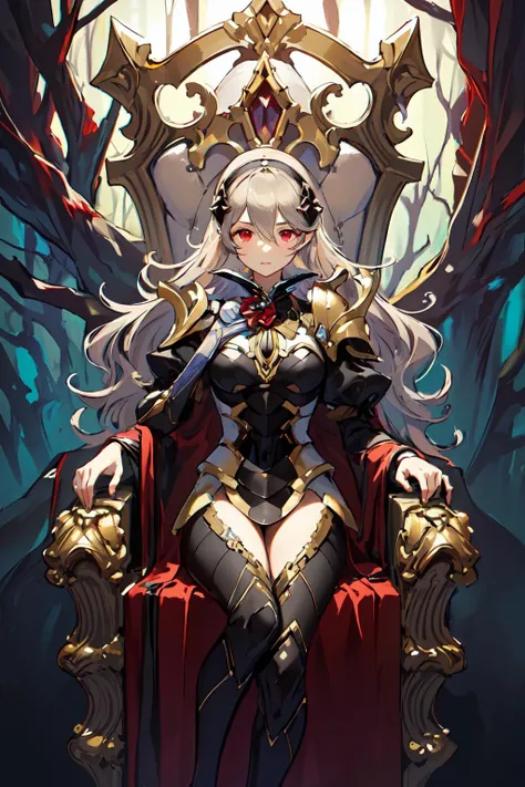 (masterpiece, top quality), 1girl, corrin (fire emblem) (female), corrin (fire emblem), solo, gray hair, gentle waves, sapphire red eyes, (art by Hermann Nitsch, Zdzislaw Beksinski, Dariusz Zawadzki , Giger), medium chest, armor, (for exercise),throne,
detailed eyes, Perfect features, (masterpeace, best quality, good quality:1.4), masterpeace, intricate details,