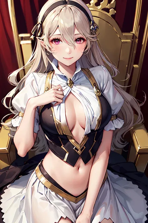 (masterpiece, top quality),
1girl, corrin (fire emblem) (female), corrin (fire emblem), solo,skirt, navel,breasts, dress, looking at viewer, black hairband,royal palace,short sleeves, hair between eyes, smile, closed mouth, puffy sleeves,throne,crown,
detailed eyes, Perfect features, (masterpeace, best quality, good quality:1.4), masterpeace, intricate details,