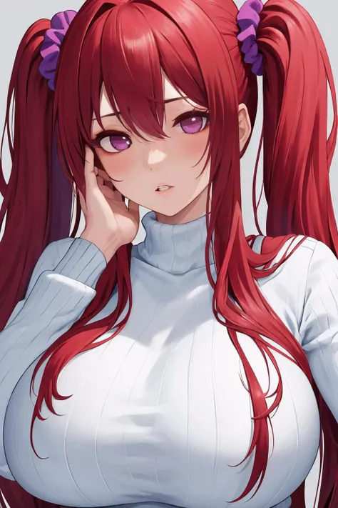 masterpiece, best quality, 1girl, solo, red hair, twintails, very long hair, hair scrunchie, huge breasts, close-up, parted lips, turtleneck, hand on own face, purple eyes<lora:kafka eyesonly2:0.0>