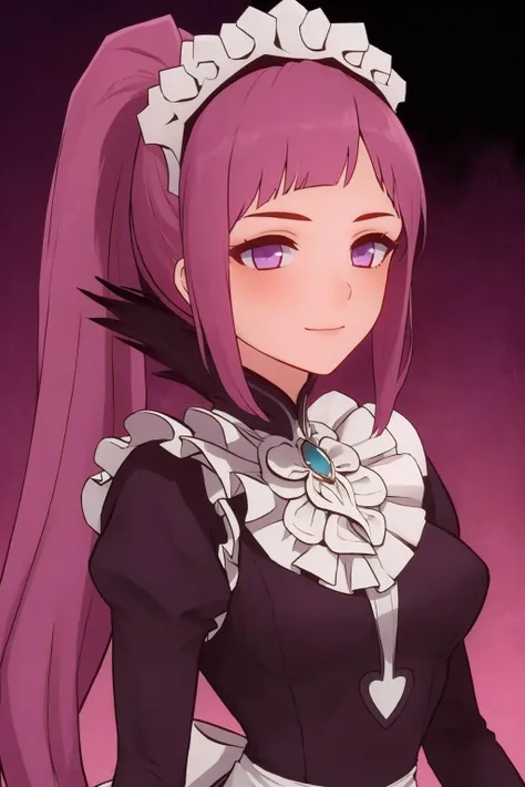 masterpiece, best quality, 1girl, solo, <lora:felicia-fe-richy-v1:0.8> feliciadef, maid, maid headdress, <lora:kafka eyesonly2:1> purple eyes, pink hair, ponytail