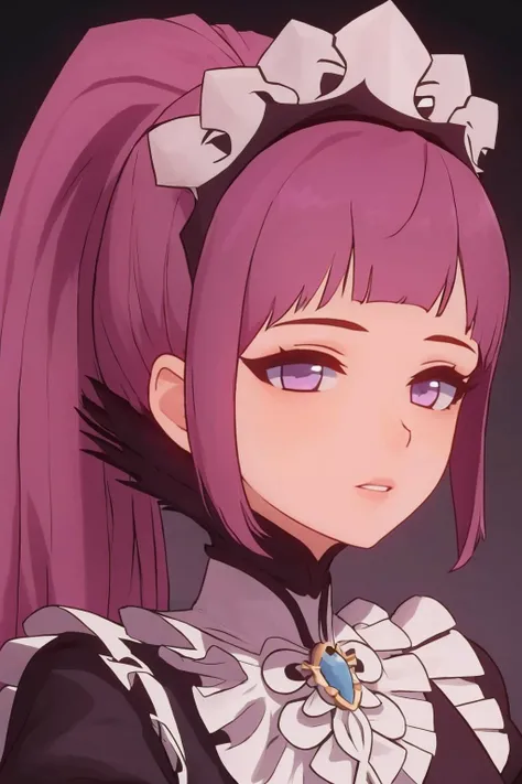 masterpiece, best quality, 1girl, solo, <lora:felicia-fe-richy-v1:0.9> feliciadef, maid, maid headdress, <lora:kafka eyesonly2:1> purple eyes, pink hair, ponytail, upper body, parted lips, blunt bangs, sidelocks