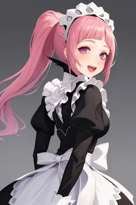 masterpiece, best quality, 1girl, solo, <lora:felicia-fe-richy-v1:0.8> feliciadef, maid, maid headdress, purple eyes, pink hair, ponytail, looking at viewer, :d, long sleeves, juliet sleeves<lora:kafka eyesonly2:0.0>