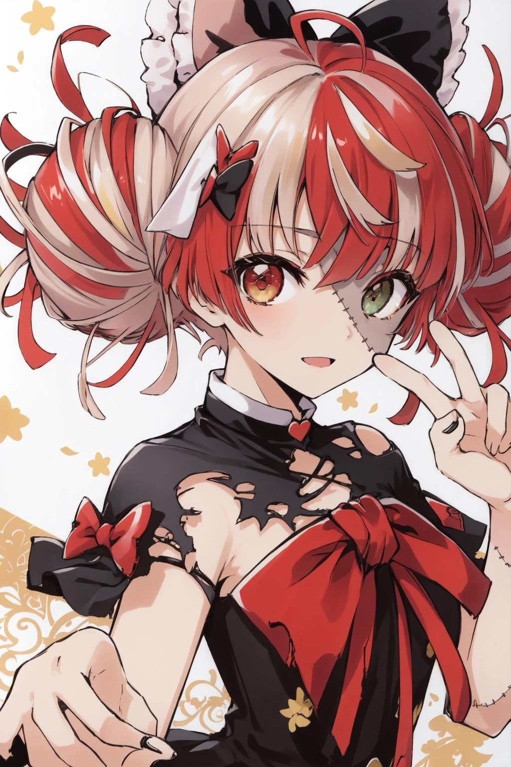 best quality, intricate details,
1girl, <lora:kureijiOllieHololive4_v3:0.8> zombie, patchwork skin, heterochromia, red eyes, yellow eyes, kureiji ollie, double bun, torn dress, red bow, hair bow,
<lora:clampTsubasaStyle_v10:0.8>