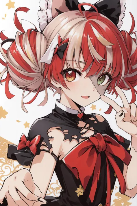 best quality, intricate details,
1girl,      <lora:kureijiOllieHololive4_v3:0.8> zombie, patchwork skin, heterochromia, red eyes, yellow eyes, kureiji ollie, double bun, torn dress, red bow, hair bow, 
 <lora:clampTsubasaStyle_v10:0.8>