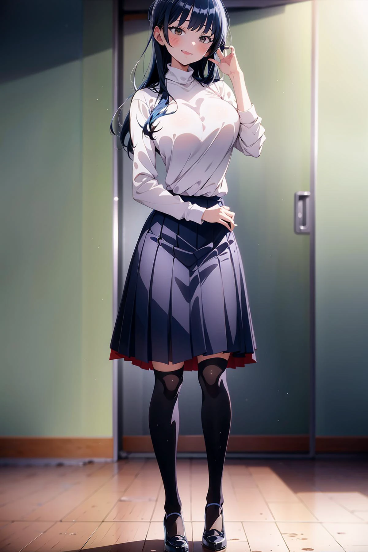 large breasts, tall girl, full body, anime style, skirt, stockings, sweater, <lora:AnnaYamada:1> AnnaYamada, blue hair, brown eyes