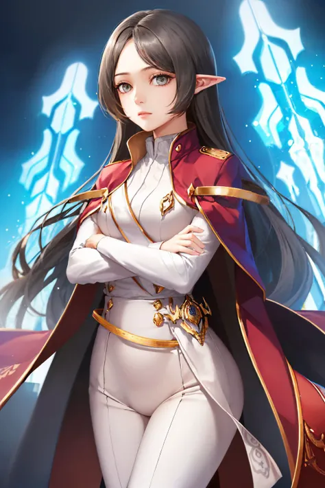 (masterpiece, best quality:1.2), cowboy shot, solo, 1girl, msadele, expressionless, looking at viewer, crossed arms, military uniform, cape, white pants <lora:maplestory_adele:1.0>