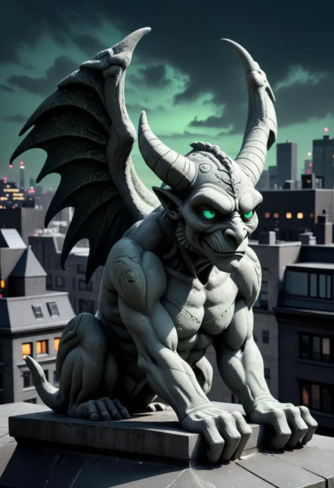 (medium full shot) of (grim granite grey moss-covered stone gargoyle) with perched body, majestic wings, mint green eyes, curved horns, runic engravings, set in a dark city rooftop, featuring shadowy corners, flickering neon lights, a sense of mystery , ,Masterpiece,best quality, raw photo, realistic, very aesthetic