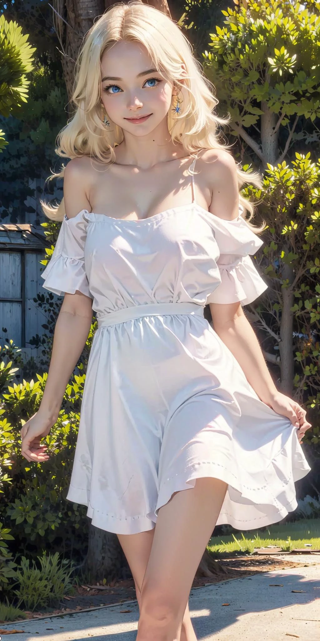 a beuatiful european girl,cute girl,perfect face,perfect body,make up,blush,shy smile, medium perky tits,detailed background,extremely detailed cg unity 8k wallpaper,highres,shiny skin,white pale skin,long hair,blonde hair,large blue eyes, sexy pose , bewitching pose, <lora:GoodHands-vanilla:1>, <lora:cloudyday_20231121201807:0.8>,white dress,floating hair,outdoor,bare shoulder,sundress,fullbody,thighs,blue sky, cloud,