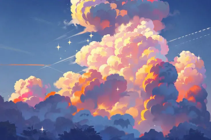 sky, no humans, scenery, cloud, cityscape, city, outdoors, star (sky), building, blue sky, skyscraper, sparkle, skyline(illustration:1.0), masterpiece, best quality, <lora:cloudyday:0.7>