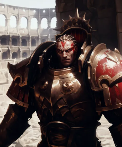 epic photographic action shot of angron, wearing full armor, matte metal texture on armor, (broad shoulders:1.3), tall, muscular male, angry, face paint, butchersnail, wearing big bulky metallic Intricate designed armor, full gold and red armor, fur trim, skulls, cape,
man, warrior, masculine, sharp facial features, detailed matte skin texture, skin imperfections, skin pores, realistic skin, detailed eyes, detailed pupils,
outdoors, medium close-up shot, male focus, upper body, (arena in the background:1.1), gladiator fight, wide-angle shot, soft lighting, subsurface scattering, cinematic color grading, postprocessing, realistic, hyperrealistic, 8k, Intricate, High Detail, film photography, depth of field, golden ratio composition, rule of thirds,
(masterpiece, best quality, high quality, highres, absurdres:1.2)
<lora:more_details:0.8> <lora:Angron MK1 by CARAXES:0.7>