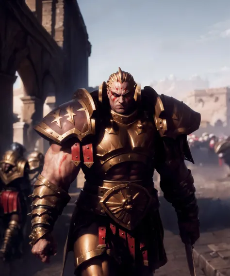 epic photographic action shot of (Gladiator of Nuceria:1.2), (broad shoulders:1.3), tall, muscular male, angry, red facepaint, butchersnail, cape,
man, warrior, masculine, sharp facial features, detailed matte skin texture, skin imperfections, skin pores, realistic skin, detailed eyes, detailed pupils,
outdoors, medium close-up shot, male focus, upper body, (arena in the background:1.1), colosseum, antiquity, rome, wide-angle shot, soft lighting, subsurface scattering, cinematic color grading, postprocessing, realistic, hyperrealistic, 8k, Intricate, High Detail, film photography, depth of field, golden ratio composition, rule of thirds,
(masterpiece, best quality, high quality, highres, absurdres:1.2)
<lora:more_details:0.8> <lora:Angron MK1 by CARAXES:0.7>