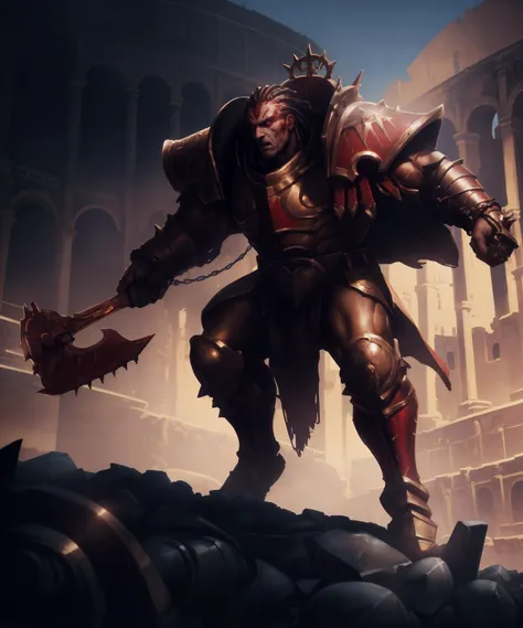 epic photographic action shot of angron, Gladiator of Nuceria, matte metal texture on armor, (broad shoulders:1.3), tall, muscular male, angry, red facepaint, butchersnail, wearing bIntricate armor, bronze and red armor, cape,
man, warrior, masculine, sharp facial features, detailed matte skin texture, skin imperfections, skin pores, realistic skin, detailed eyes, detailed pupils,
outdoors, medium close-up shot, male focus, upper body, (arena in the background:1.1), colosseum, antiquity, rome, wide-angle shot, soft lighting, subsurface scattering, cinematic color grading, postprocessing, realistic, hyperrealistic, 8k, Intricate, High Detail, film photography, depth of field, golden ratio composition, rule of thirds,
(masterpiece, best quality, high quality, highres, absurdres:1.2)
<lora:more_details:0.8> <lora:Angron MK1 by CARAXES:0.7>