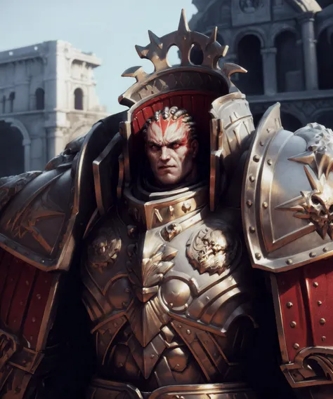 epic photographic action shot of angron, wearing full armor, matte metal texture on armor, (broad shoulders:1.3), tall, muscular male, angry, face paint, butchersnail, wearing big bulky metallic Intricate designed armor, full gold and red armor, fur trim, skulls, cape,
man, warrior, masculine, sharp facial features, detailed matte skin texture, skin imperfections, skin pores, realistic skin, (looking at viewer,  detailed eyes, detailed pupils:1.2),
outdoors, medium close-up shot, male focus, upper body, (arena in the background:1.1), antiquity, rome, wide-angle shot, soft lighting, subsurface scattering, cinematic color grading, postprocessing, realistic, hyperrealistic, 8k, Intricate, High Detail, film photography, depth of field, golden ratio composition, rule of thirds,
(masterpiece, best quality, high quality, highres, absurdres:1.2)
<lora:more_details:0.8> <lora:Angron MK1 by CARAXES:0.7>