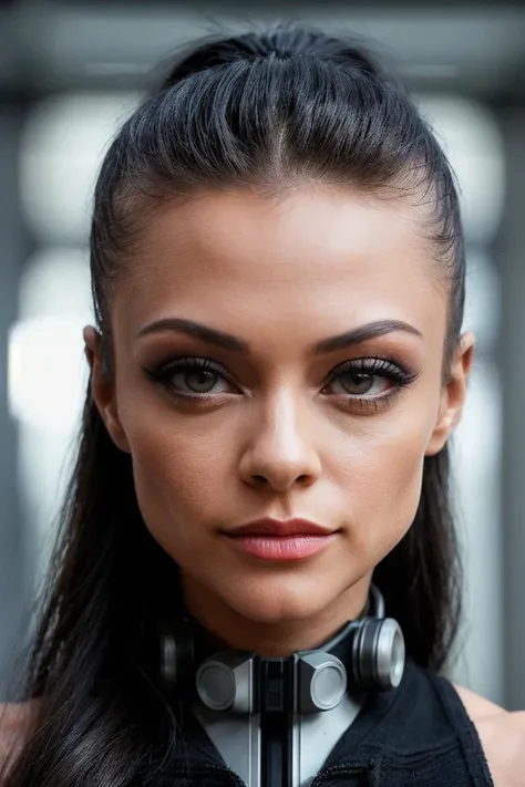photo of fit K1mberVe1ls1-145, a beautiful woman, perfect hair, (modern photo), shosei, portrait, 85mm, (analog, cinematic, film grain:1.3), (Virtual Education Center, Futuristic facility with VR simulations, holographic lectures, and AI-guided learning.), detailed eyes, seductive pose, painted lips, (epiCPhoto), (looking at viewer:1.1), jewelry, (cinematic shot:1.3), (natural lighting, lit from above), <lora:add_detail:0.5>