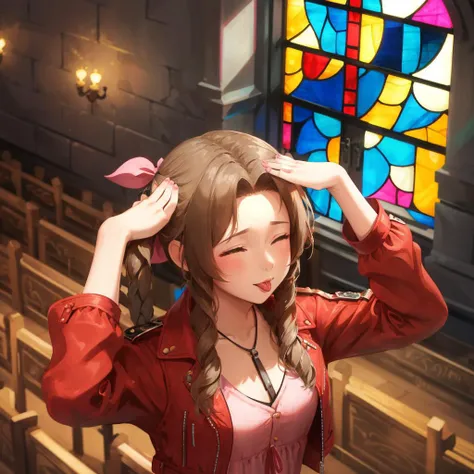 masterpiece, best quality, aerith gainsborough, cropped jacket, hair ribbon, pink dress, from above, ahetobleh, closed eyes, tongue, hands on own head, church, stained glass <lora:ahetobleh-nvwls-v2-000010:0.8> <lora:aerith-nvwls-v1-final:0.8>